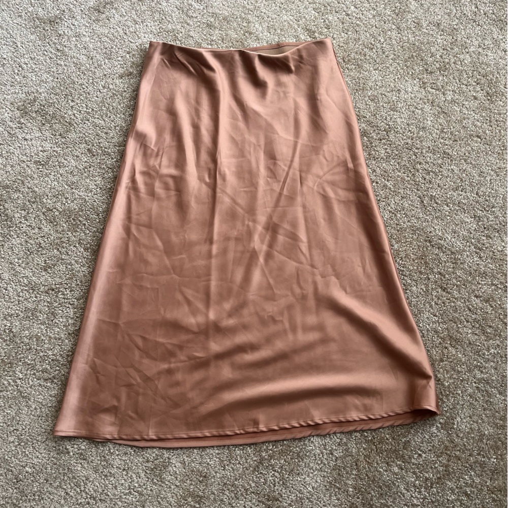 Camel Brown Satin Midi Skirt